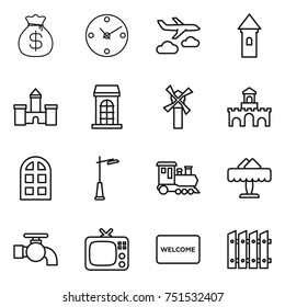 thin line icon set : money bag, clock, journey, tower, castle, building, windmill, fort, arch window, outdoor light, train, restaurant, water tap, tv, welcome mat, fence