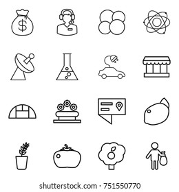 thin line icon set : money bag, call center, atom core, satellite antenna, flask, electric car, market, greenhouse, flower bed, location details, lemon, seedling, tomato, garden, trash