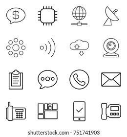 thin line icon set : money message, chip, globe connect, satellite antenna, round around, wireless, cloude service, web cam, clipboard, balloon, phone, mail, consolidated cargo, mobile checking