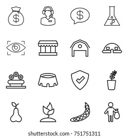 thin line icon set : money bag, call center, message, flask, eye identity, market, barn, dome house, flower bed, stadium, protected, seedling, pear, sprouting, peas, trash