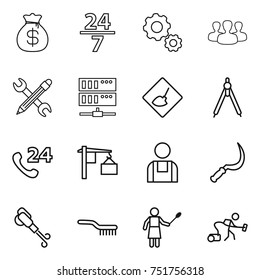 thin line icon set : money bag, 24 7, gear, group, pencil wrench, server, under construction, drawing compasses, phone, loading, workman, sickle, blower, brush, woman with duster, vacuum cleaner