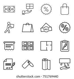 thin line icon set : money, gift, percent, shopping bag, courier, sale, atm receipt, panel house, plan, clipboard pen, inventory, label, paper towel, hand dryer thin line icon set : money, gift, percent, shopping bag, courier, sale, atm receipt, panel house, plan, clipboard pen, inventory, label, paper towel, hand dryer