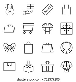thin line icon set : money gift, sale, shopping bag, delivery, parachute, bow, necklace, package box, hi quality