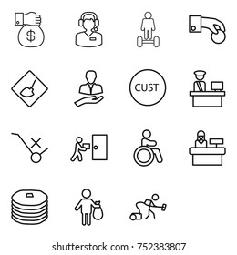 thin line icon set : money gift, call center, hoverboard, hand coin, under construction, client, customs, control, do not trolley sign, courier delivery, invalid, reception, pancakes, trash