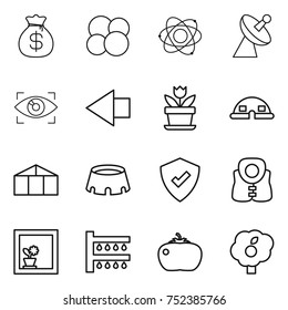 thin line icon set : money bag, atom core, satellite antenna, eye identity, left arrow, flower, dome house, greenhouse, stadium, protected, life vest, in window, watering, tomato, garden