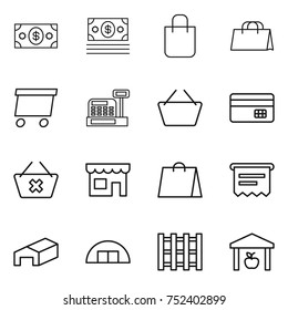 thin line icon set : money, shopping bag, delivery, cashbox, basket, credit card, delete cart, shop, atm receipt, warehouse, hangare, pallet