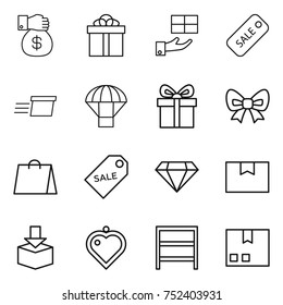 thin line icon set : money gift, sale, delivery, parachute, bow, shopping bag, label, diamond, package box, heart pendant, rack