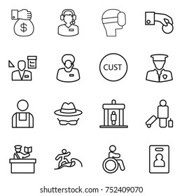 thin line icon set : money gift, call center, virtual mask, hand coin, architector, support manager, customs, security man, workman, confidential, detector, passenger, inspector, surfer, invalid