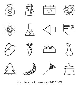 thin line icon set : money bag, call center, calendar, atom, flask, left arrow, location details, beans, carrot, seedling, pear, spruce, peas, rake, hanger
