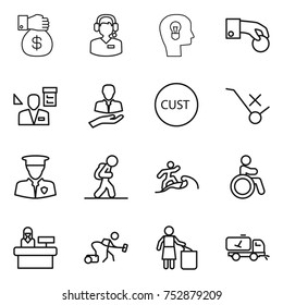 thin line icon set : money gift, call center, bulb head, hand coin, architector, client, customs, do not trolley sign, security man, tourist, surfer, invalid, reception, vacuum cleaner, garbage bin
