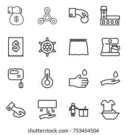 thin line icon set : money gift, spinner, hand coin, mansion, tax, handwheel, curtain, coffee maker, mixer, thermometer, drop, and, wiping, dryer, kitchen cleaning, handle washing