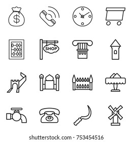 thin line icon set : money bag, call, clock, delivery, abacus, shop signboard, column, tower, greate wall, minaret, gothic architecture, restaurant, water tap, phone, sickle, windmill