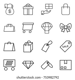 thin line icon set : money gift, shopping bag, delivery, parachute, bow, label, sale, diamond, package