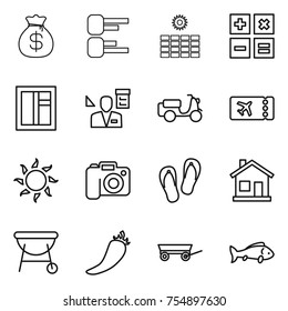 thin line icon set : money bag, diagram, sun power, calculator, window, architector, scooter shipping, ticket, camera, flip flops, home, bbq, hot pepper, trailer, fish
