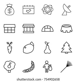 thin line icon set : money bag, calendar, atom, satellite antenna, market, greenhouse, stadium, carrot, lemon, pear, spruce, garden, peas, trash, rake