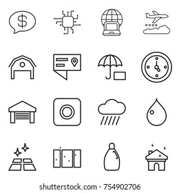 thin line icon set : money message, chip, notebook globe, weather management, barn, location details, insurance, watch, garage, ring button, rain cloud, drop, clean floor, window, cleanser