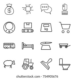thin line icon set : money bag, chip, discussion, crystall memory, necklace, transporter tape, heavy, cart, bus, bed, cutting board, trailer, sheep, tractor, scraper, toilet