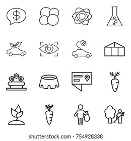 thin line icon set : money message, atom core, flask, eco car, eye identity, electric, greenhouse, flower bed, stadium, location details, carrot, sprouting, trash, garden cleaning