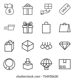 thin line icon set : money gift, sale, delivery, shopping bag, box, diamond, necklace, package, parachute