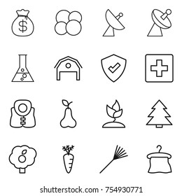 thin line icon set : money bag, atom core, satellite antenna, flask, barn, protected, first aid, life vest, pear, sprouting, spruce, garden, carrot, rake, hanger