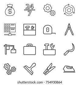thin line icon set : money bag, 24 7, gear, around, server, tools, measuring tape, drawing compasses, loading, suitcase, repair, sickle, gears, scraper, clothespin, iron