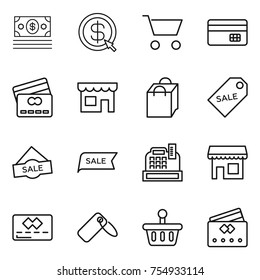 thin line icon set : money, dollar arrow, cart, credit card, shop, shopping bag, sale label, cashbox, basket