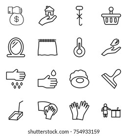 thin line icon set : money gift, real estate, do not hook sign, basket, mirror, curtain, thermometer, hand leaf, sow, drop, soap, scraper, scoop, wiping, gloves, kitchen cleaning