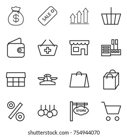 thin line icon set : money bag, sale, graph up, basket, wallet, add to, shop, store, market, scales, shopping, percent, signboard, cart