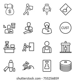 thin line icon set : money gift, courier, jet robot, under construction, architector, client, support manager, customs, control, delivery, workman, detector, passenger, surfer, identity card