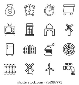 Thin line icon set : money bag, alarm clock, stopwatch, delivery, tv, building, minaret, windmill, fridge, fence, hand mill, wheel, water tap