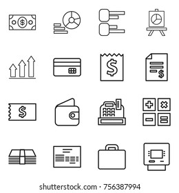 Thin line icon set : money, diagram, presentation, graph up, credit card, receipt, account balance, wallet, cashbox, calculator, invoice, suitcase, atm