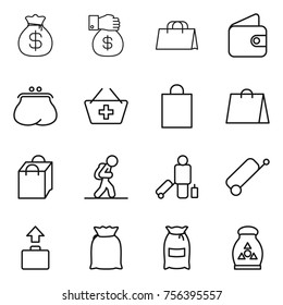 Thin line icon set : money bag, gift, shopping, wallet, purse, add to basket, tourist, passenger, suitcase, baggage, flour, fertilizer