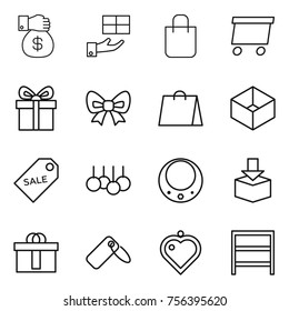 Thin line icon set : money gift, shopping bag, delivery, bow, box, sale label, necklace, package, hi quality, heart pendant, rack