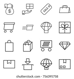 Thin line icon set : money gift, sale, shopping bag, delivery, parachute, diamond, package box