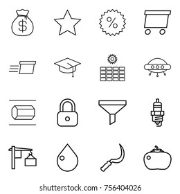 Thin line icon set : money bag, star, percent, delivery, graduate hat, sun power, ufo, nano tube, lock, funnel, spark plug, loading, drop, sickle, tomato