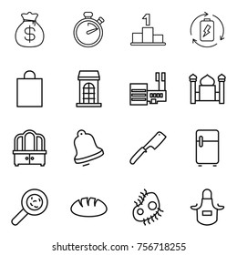 Thin line icon set : money bag, stopwatch, pedestal, battery charge, shopping, building, mall, minaret, dresser, bell, chef knife, fridge, viruses, bread, microb, apron