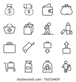 Thin line icon set : money bag, gift, wallet, purse, add to basket, shopping, tourist, passenger, suitcase, baggage get, trolley, flour, garbage, trash