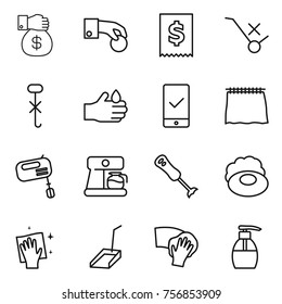 Thin line icon set : money gift, hand coin, tax, do not trolley sign, hook, acid, mobile checking, curtain, mixer, coffee maker, blender, soap, wiping, scoop, liquid