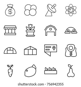Thin line icon set : money bag, atom core, satellite antenna, market, flower, barn, dome house, greenhouse, location details, life vest, carrot, lemon, seedling, pear