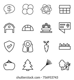 Thin line icon set : money message, atom core, market, barn, greenhouse, flower bed, location details, protected, life vest, carrot, seedling, tomato, spruce, rake, garden cleaning