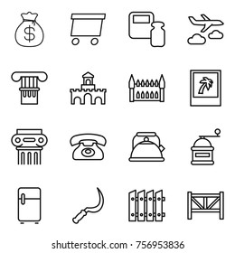 Thin line icon set : money bag, delivery, scales weight, journey, column, fort, gothic architecture, photo, antique, phone, kettle, hand mill, fridge, sickle, fence, farm