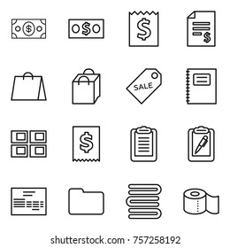 Thin line icon set : money, receipt, account balance, shopping bag, sale label, copybook, panel house, tax, clipboard, pen, invoice, documents, towels, toilet paper