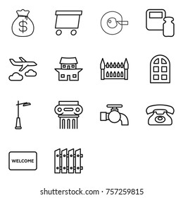 Thin line icon set : money bag, delivery, cell corection, scales weight, journey, japanese house, gothic architecture, arch window, outdoor light, antique column, water tap, phone, welcome mat