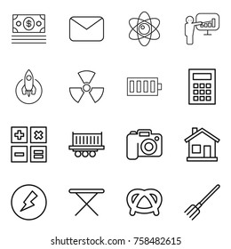 Thin line icon set : money, mail, atom, presentation, rocket, nuclear, battery, calculator, truck shipping, camera, home, electricity, iron board, pretzel, fork