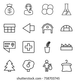 Thin line icon set : money bag, call center, atom core, flask, market, left arrow, barn, greenhouse, location details, first aid, seedling, spruce, garden, trash, hanger