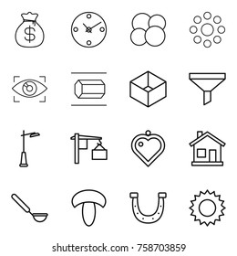 Thin line icon set : money bag, clock, atom core, round around, eye identity, nano tube, box, funnel, outdoor light, loading, heart pendant, home, ladle, mushroom, horseshoe, sun