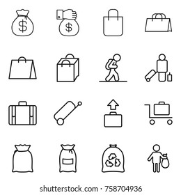 Thin line icon set : money bag, gift, shopping, tourist, passenger, suitcase, baggage, trolley, flour, garbage, trash