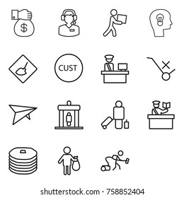 Thin line icon set : money gift, call center, courier, bulb head, under construction, customs, control, do not trolley sign, deltaplane, detector, passenger, inspector, pancakes, trash