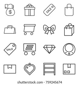 Thin line icon set : money gift, sale, shopping bag, delivery, bow, label, diamond, necklace, package box, heart pendant, rack