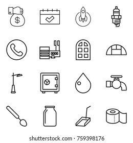 Thin line icon set : money gift, calendar, rocket, spark plug, phone, mall, arch window, greenhouse, outdoor light, safe, drop, water tap, big spoon, bank, scoop, toilet paper